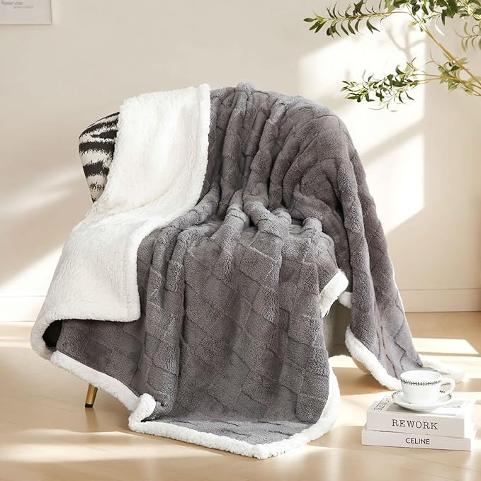 Sherpa Throw Blanket for Couch, Flannel Cozy Soft Thick Blanket for Bed - Fleece, Grey, 60x80 Inches
