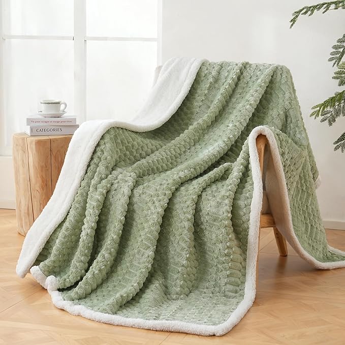 Sherpa Throw Blanket for Couch Flannel Cozy Soft Thick Blanket Warm Twin Blanket for Bed Fleece Home Decor Gifts, Z01 - Green, 60"*80"