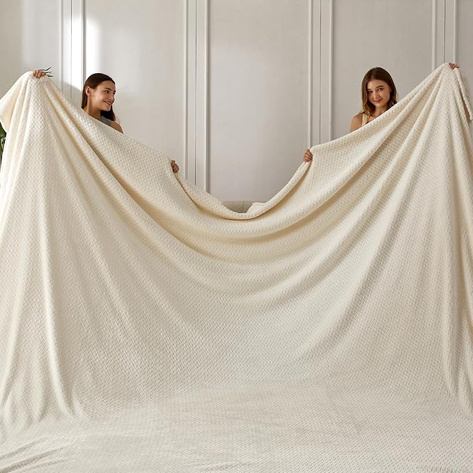 COOVA Oversized King Fleece Blanket 120x120 inches, Soft Cozy Warm Giant Extra Large 10'x10' Blanket for Bed, Sofa, Couch,Travel, Camping, California Huge Big Throw Blanket, Jacquard Iovry White