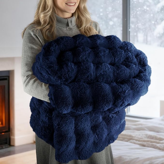 Exclusivo Mezcla Faux Fur Queen Size Blanket for Bed, Luxury Reversible 3D Rabbit Bubble Fuzzy Thick Sherpa Blankets for Winter, Plush Fleece Warm Cozy Bed Throw, 90x90 Inches, Navy Blue