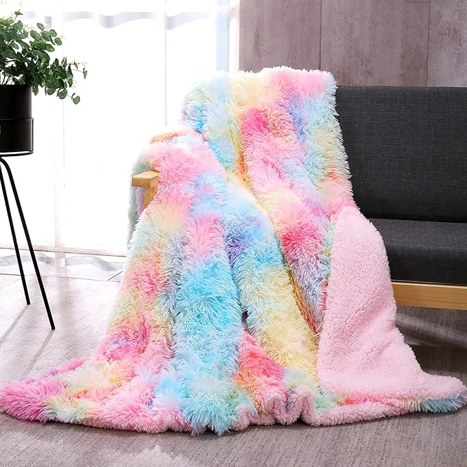 DANGTOP Fuzzy Faux Fur Throw Blanket, Tie Dye Fluffy Blanket, Super Soft Rainbow Blanket for Girls, Luxury Cozy Warm Plush Thick Sherpa Throws for Bed Couch Living Room (Rainbow, 50X60 inches)