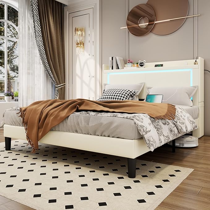Queen Bed Frame with Headboard and Wheeled Nightstand, PU Leather Upholstered Platform Bed with LED&Charging Station for Bedroom, No Box Spring Needed, Noise Free, Suit for Couple/Single, Beige