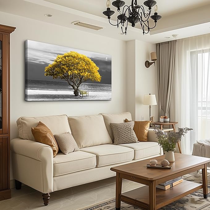 wall art for living room Decorations Photo Prints - panoramic black and white with yellow trees The moon scenery - Modern Home Decor The room Stretched and Framed Ready to Hang artwork 20X40inches