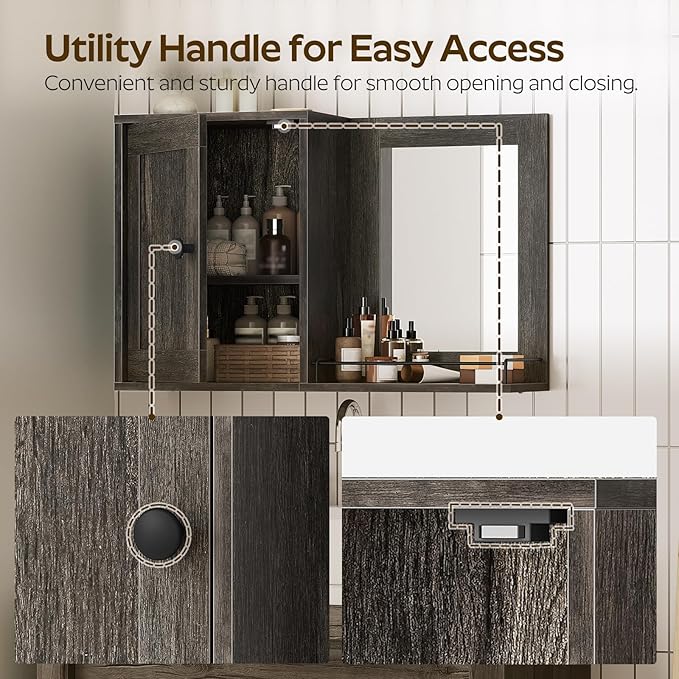 Medicine Wall Cabinet with Mirror, Bathroom Mirror with Storage, Medicine Cabinet Mirror, Wall Mounted Home Storage, Adjustable Shelf, for Laundry Room, Bedroom, Camper, Hallway, Smoky Oak
