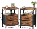 DUMOS Nightstand Set of 2 with Built in Charging Station USB Ports and Outlets Adjustable Fabric Drawer Storage Bedside Table with Open Shelf for Bedroom,Brown