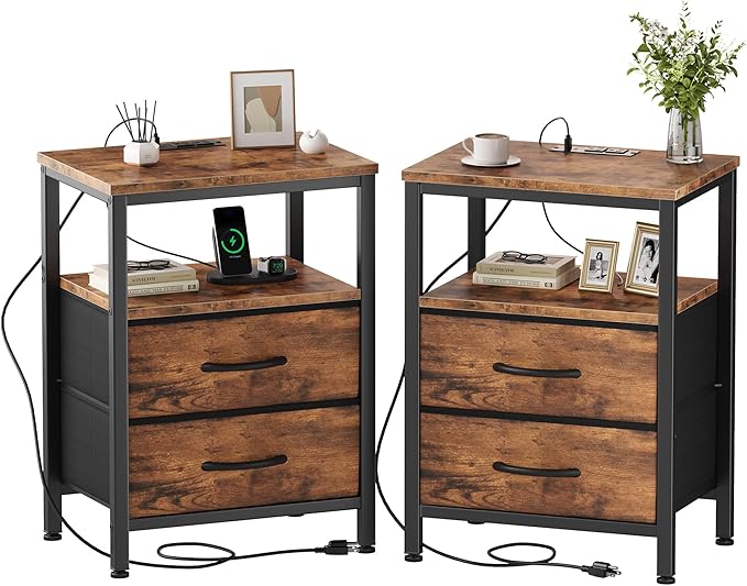 DUMOS Nightstand Set of 2 with Built in Charging Station USB Ports and Outlets Adjustable Fabric Drawer Storage Bedside Table with Open Shelf for Bedroom,Brown
