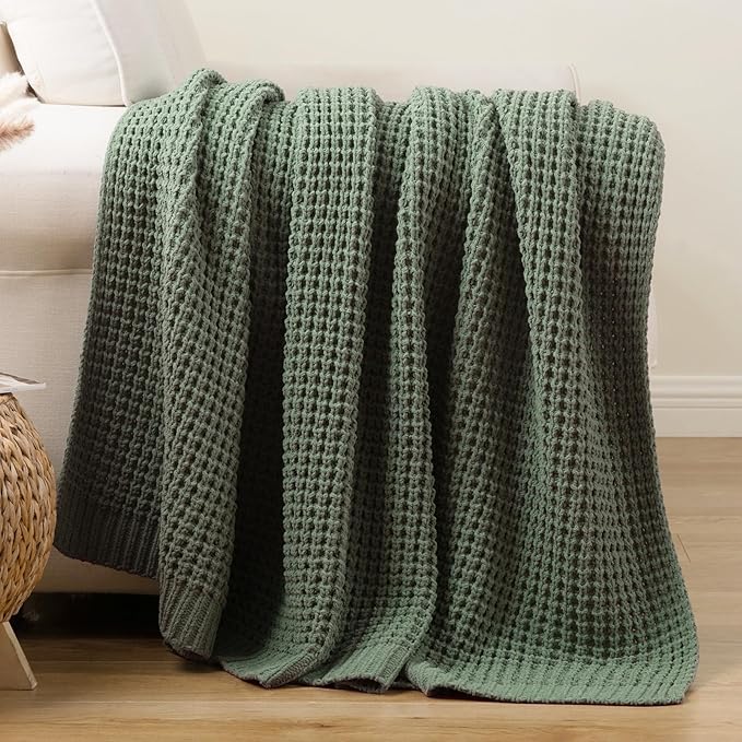 Bunnikins & Clover Knitted Waffle Throw Blanket 50x60 Inches, Sage Green Throw Blanket for Couch, Soft Cozy Chenille Knit Blanket Warm Decorative Throw for Sofa