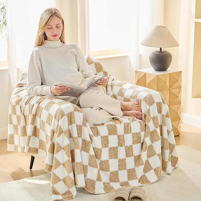 EMME Checkered Blanket Throw - 50"x60" Beige Knit Blanket Soft Fluffy Patterned Throw Blankets for Couch, Sofa, Chair, Bed, Camping, Picnic, Travel
