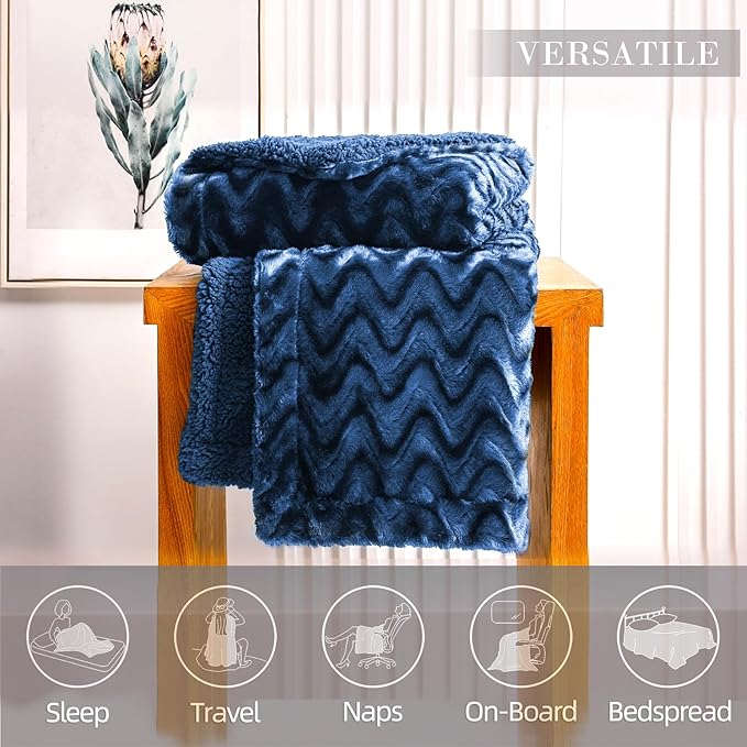Whale Flotilla Faux Fur Sherpa Twin Size Blanket for Bed, Cozy Reversible Fuzzy Fluffy Plush Blankets for All Season, Warm and Soft, 60x80 Inch, Navy