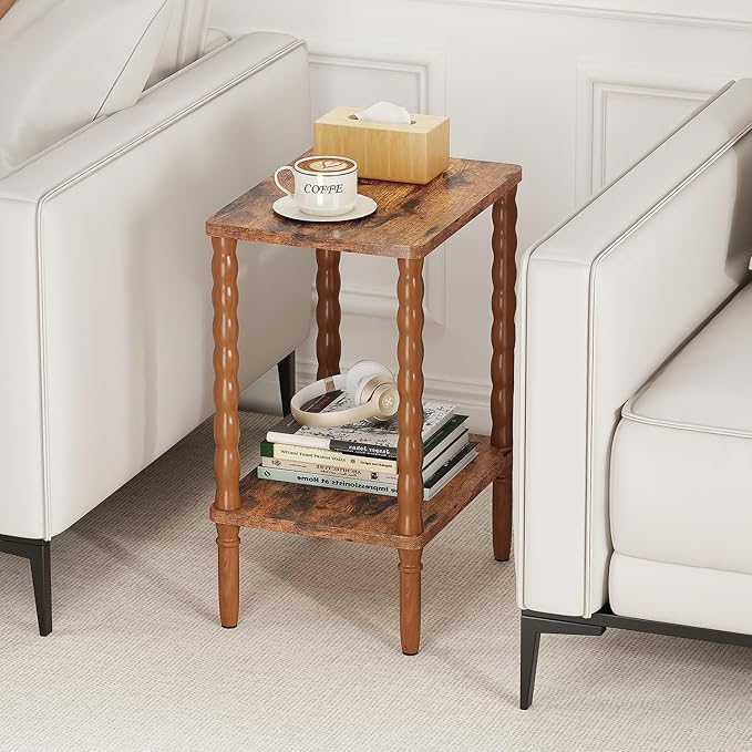 Small Narrow Side Table, Vintage End Table - Skinny Bedside Nightstand for Small Spaces, Couch/Recliner Accent Table for Bedroom Living Room Nursery, No-Tool Assembly (Rustic Brown)