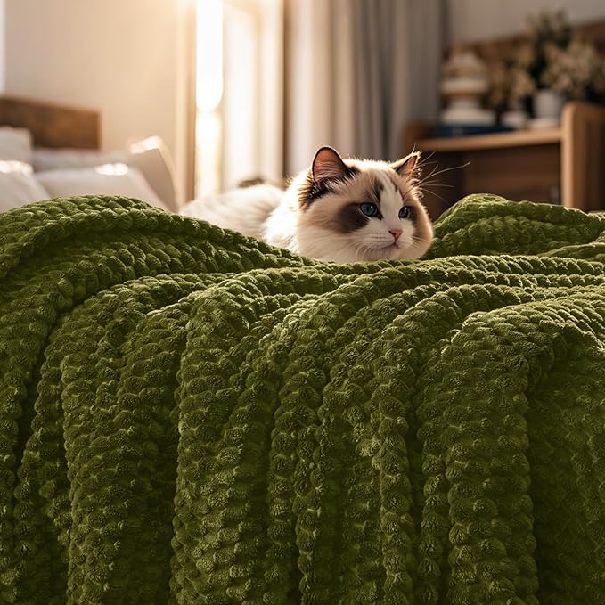 PHF Ultra Soft Flannel Fleece Throw Blanket, Lightweight 3D Jacquard Fleece Blanket, No Shedding, No Pilling, Luxury 340GSM Aesthetic Fluffy Cozy Throws for Couch Room Decor, 50"x60", Olive Green