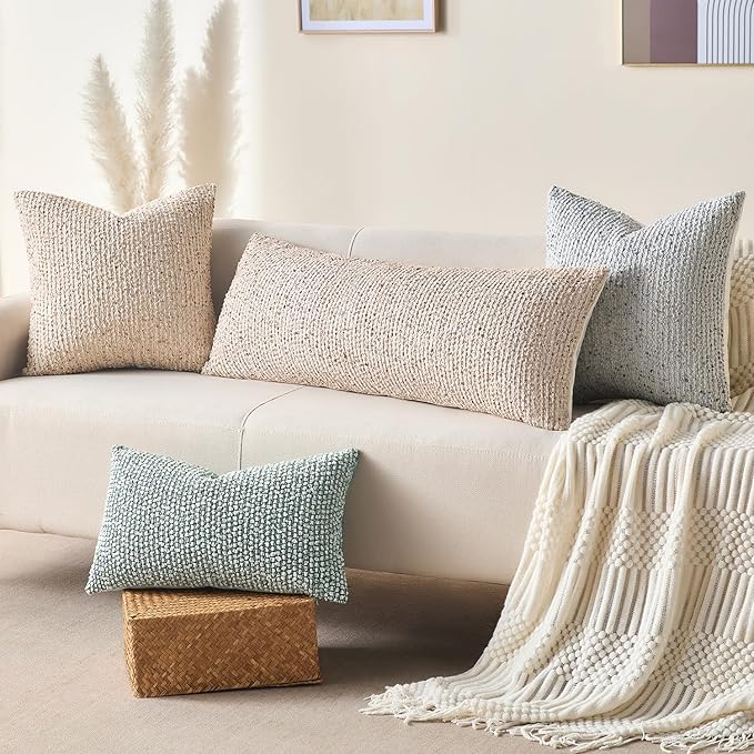 Allorry Decorative Couch Throw Pillow Covers 26x26 Beige Striped Soft Wool Pillow Covers Neutral Textured Boho Cushion Covers for Modern Farmhouse Sofa Bedroom Living Room Decor SY011-A26