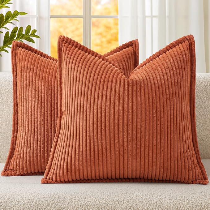 Mecatny Corduroy Fall Throw Pillow Covers 20x20 Set of 2, Neutral Decorative Soft Burnt Orange Boho Couch Pillow Covers with Broadside for Sofa Living Room, Rust