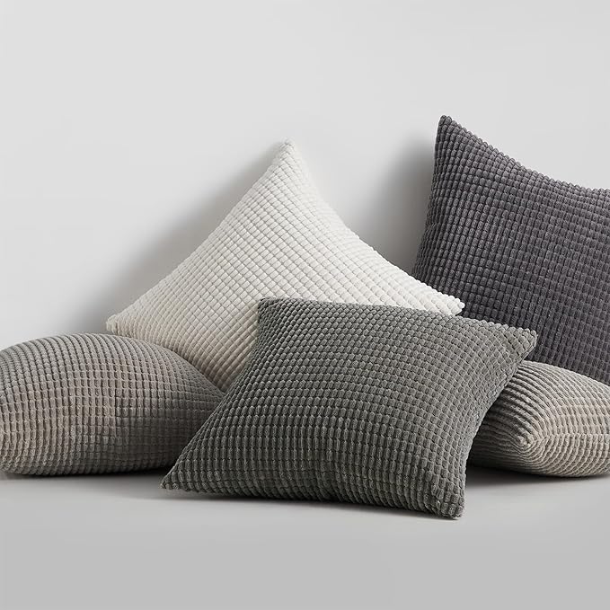 Topfinel Grey Couch Pillow Covers for Living Room 45x45 cm Set of 4,Mid Century Modern White Neutral Corduroy Corn Throw Pillows,Rustic Square Bench Chair Cushion(18 Inch/Grey) (Pack of 2)