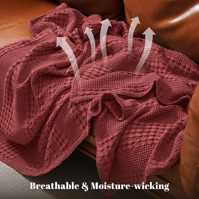 PHF 100% Cotton Waffle Weave Blanket Queen Size for Bed, Soft Lightweight & Breathable for Spring and Summer, All-Season Comfort, Luxury Aesthetic Blanket for Home Decor, 90"x90", Wine Red