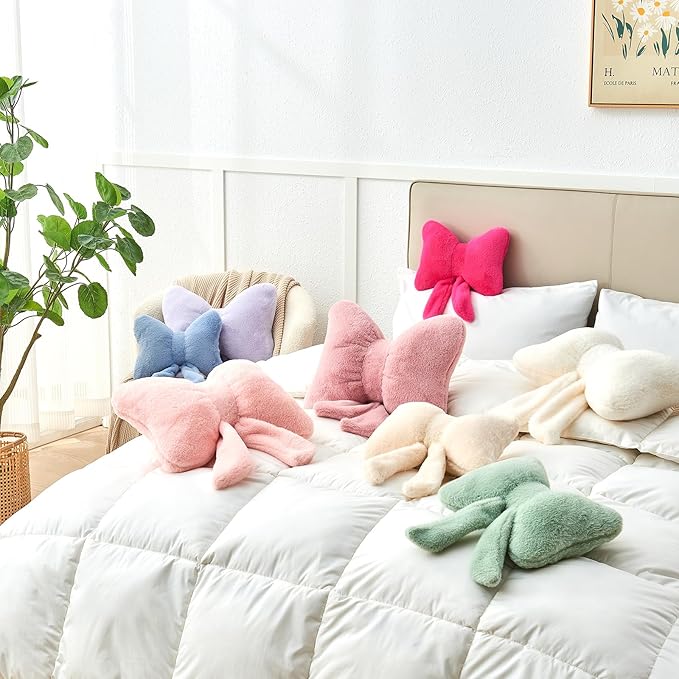 Black Bow Pillow,12'' Bow Decorative Pillows with Faux Rabbit Fur,Soft Bow Throw Pillows Aesthetic Bow Shaped Pillow for Bed Sofa Couch Home Decor