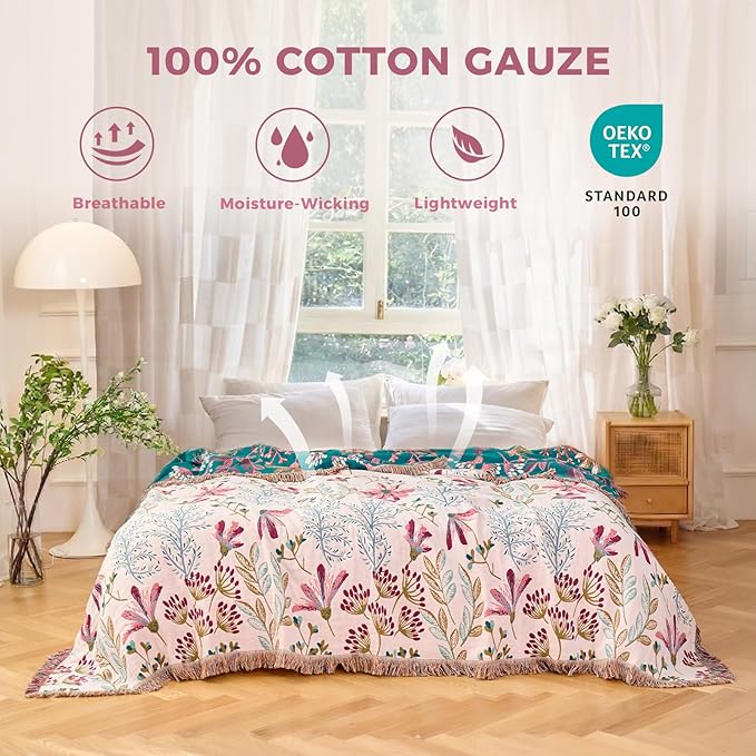 Boho Throw Blanket for Couch Sofa Chair Cotton Spring Blankets for Bedroom Living Room All Season Lightweight Reversible Floral Embroidery Throws 50"x60"