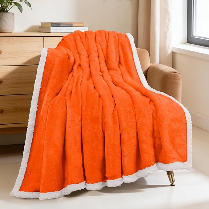 BEAUTEX Orange Sherpa Fleece Throw Blankets, Soft Fluffy Flannel Plush Blanket and Throw, Fuzzy Cozy Fall Halloween Blankets for Couch Bed Sofa Adults (50" x 60",)