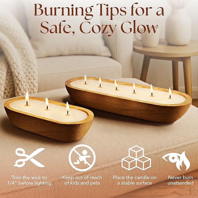Dough Bowl Candle Co. Sandalwood Soy Candle - 3 Wick Rustic Farmhouse Decor Odor Eliminator in Wooden Bowls, 20 Ounce Wooden Dough Bowl Candle, All-Natural Gifts for Women and Men, Coffee Table Decor