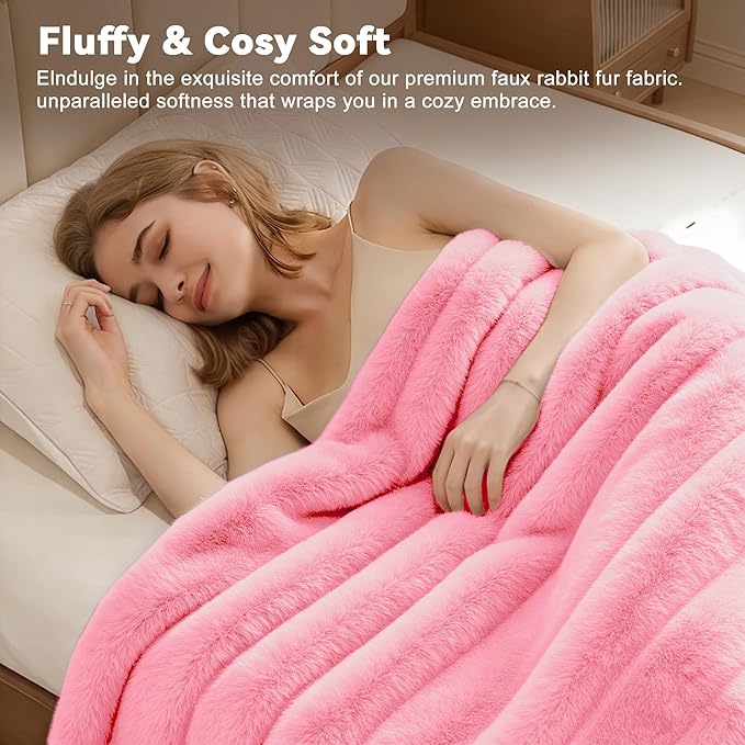 Faux Fur Throw Blanket for Couch, 850GSM Cozy Soft Plush Thick Striped Luxury Blanket for Sofa Living Room Bedroom,50 * 60 Inches, Pink