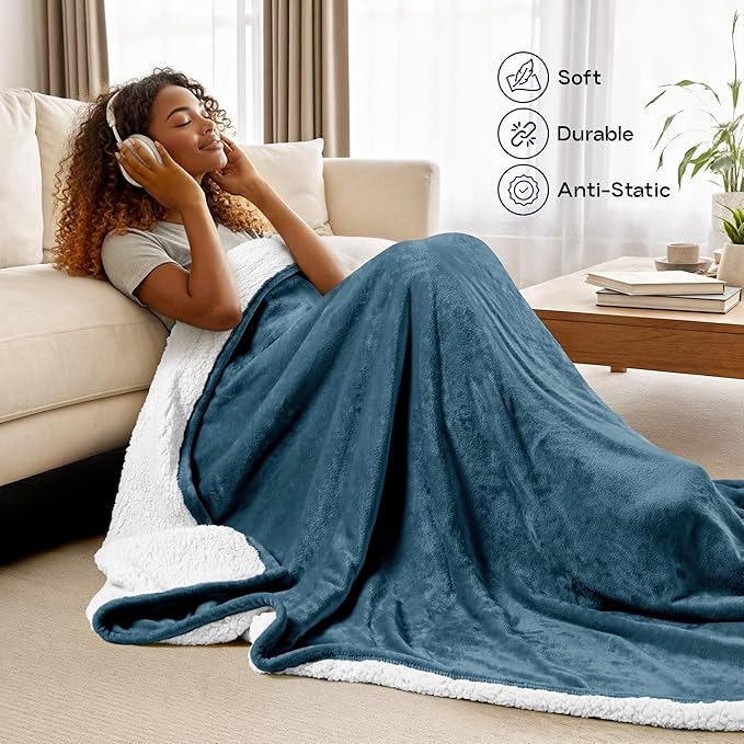 Utopia Bedding Sherpa Blanket Twin Size (Stone Blue, 90x66 Inches) - Soft Lightweight Plush Fleece Reversible Blanket for Bed, Sofa, Couch, Camping and Travel