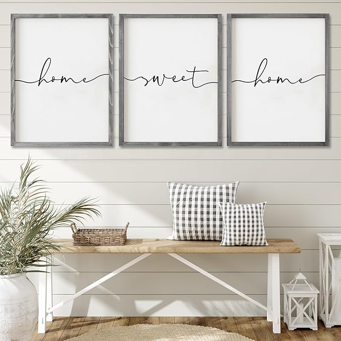 Set of 3 Framed Farmhouse Home Sweet Home Sign Above Bed Wall Decor for Bedroom Decor Wall Art Wood Signs
