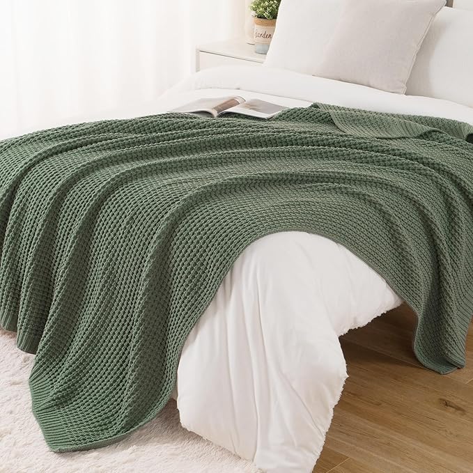Bunnikins & Clover Knitted Waffle Throw Blanket 60x80 Inches, Sage Green Throw Blanket for Couch, Soft Cozy Chenille Knit Blanket Warm Decorative Throw for Sofa