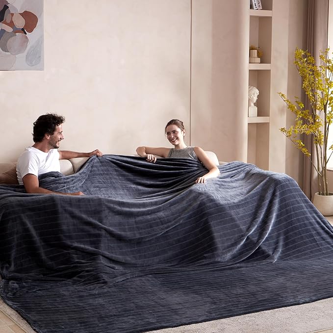Extra Large 120x120 Inch Giant Soft Cozy Fleece Blanket, Huge Oversized Seamless King 3D Jacquard Decorative California King Blanket for Bed, Couch, Travel - Striped Dark Grey