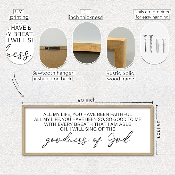 YWMZYKJGS Goodness of God Wall Decor 40"×15" Bible Verse Sign Christian Catholic Scripture Jesus Christ Prayer Large Home Office Wood Framed Wall Hanging Art (Wood)
