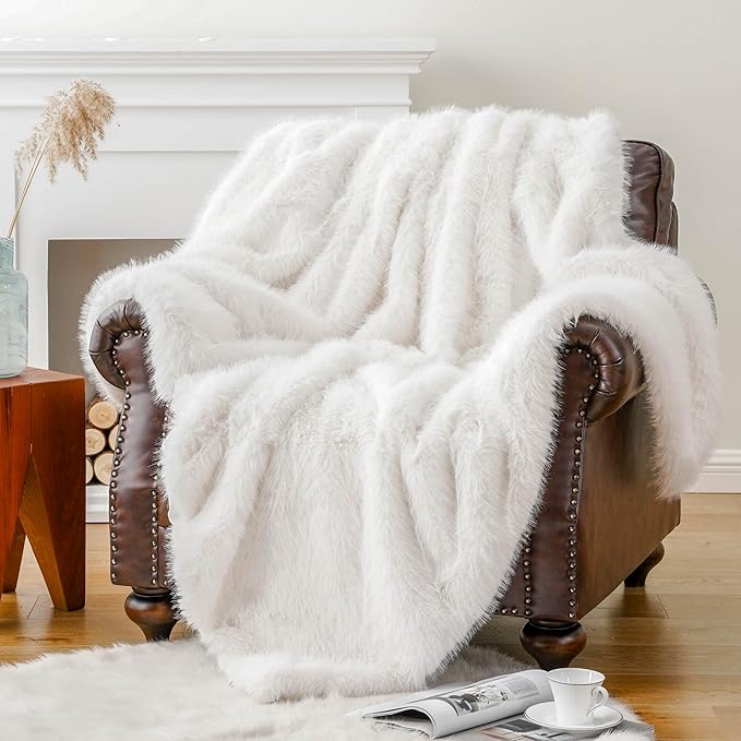 BATTILO HOME Luxury White Fluffy Faux Fur Throw Blanket, Large Fur Blankets and Throws for Couch, Bed, Super Soft Cozy Warm Plush Fuzzy Fur Throws with Long Pile, 60"x80" (Ivory)