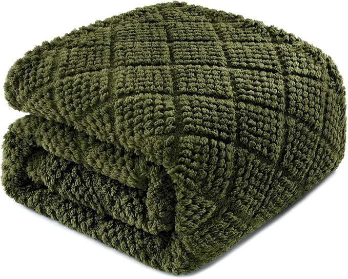 Whale Flotilla Fuzzy Fleece Throw Blanket for Couch, Bed, Soft Fluffy Jacquard Waffle Blankets for All Season, Lightweight and Warm, 50x60 Inch, Olive