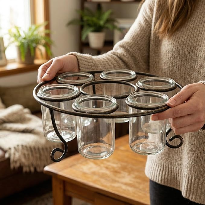 Metal 6-Cup 11.75" Round Floating Candle Holder Table Centerpiece with Large Glass Cups for Weddings, Outdoor Patio, Dining Room, and Coffee Tables, Black with Brushed Gold