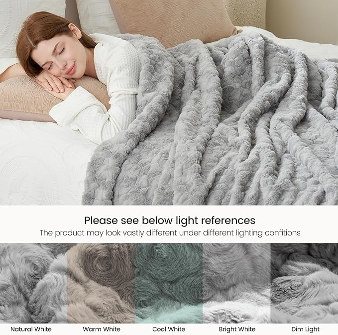 Cozy Bliss Faux Fur Throw Blanket for Couch, Fuzzy Soft Plush Thick Warm Fluffy Reversible Wave Textured Blanket for Sofa Bedroom Living Room, 55 * 70 Inches Grey (Pack of 2)