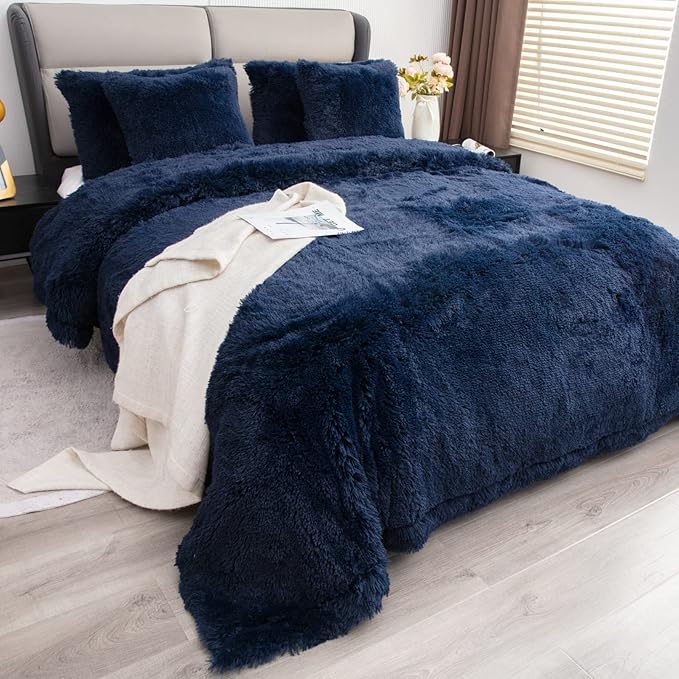 YUSOKI Faux Fur Queen Blanket(Navy Blue,90" x 90"),Whithout Pillows,Winter Lightweight Plush Fuzzy Soft Cozy Microfiber Comfy Bed Blanket for Women Kids Girls Couch Sofa Washable