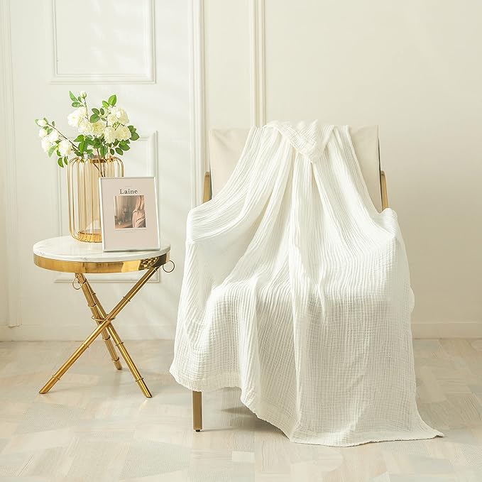 EMME Cotton Muslin Queen Blanket Bed Layering Bedspread Coverlet Breathable Gauze Soft Lightweight Adults (White,90"x90")