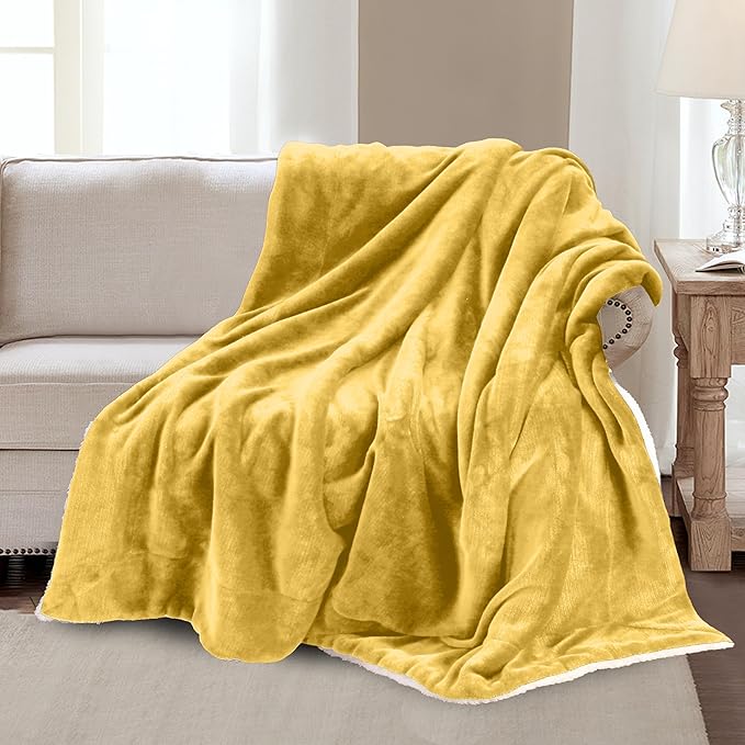Mocassi Premium Ultra-Soft Velvet Touch Flannel Fleece Sherpa Throw - Warm Cozy Reversible Plush Micromink Throw Blanket for Couch, Bed and Sofa - Fluffy, Christmas Winter Bedding Gift, Yellow
