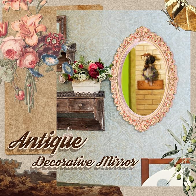 3 Styles Vintage Mirrors Set Decorative Oval Wall Mirror Small Antique Mirrored Tray Decorative Retro Hanging Mirror for Bathroom Bedroom Jewelry Organizer Victorian Decor(Pink)