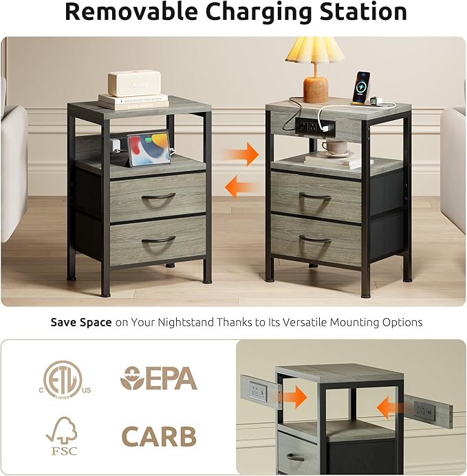 NightStand Bedside Charging Table Bedroom - Night Stand with Charger Station, Modern Nightstand with Open Shelf & 2 Fabric Drawers, End Table with USB-C USB Ports & AC Outlets for Dorm, Grey