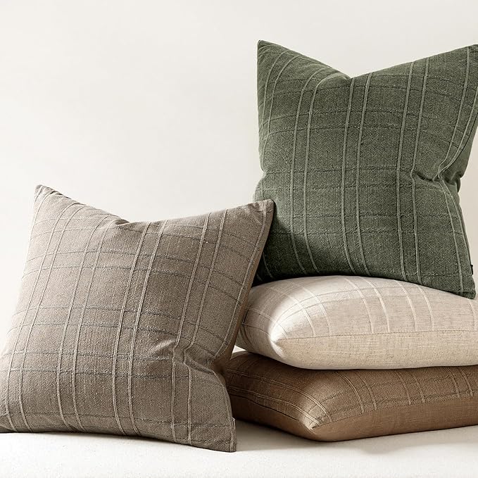 MIULEE Decorative Linen Check Euro Shams Throw Pillow Covers Neutral Farmhouse Vintage Pillow Covers 28x28 Set of 2 Boho Modern Winter Home Decor for Sofa Couch Bedroom Cushion Tan Taupe