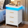 Nightstand with LED Lights, 3 Fabric Storage Drawers, Bedside Table with Floating Wood Top & PU Leather Fronts, Compact Modern End Table for Bedroom, Living Room or Dorm, White