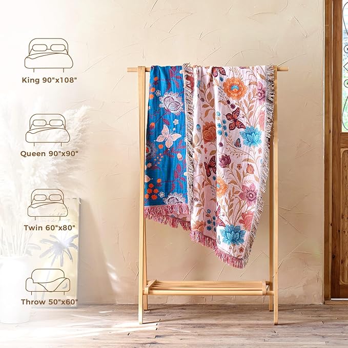 Boho Throw Blanket for Couch Sofa Chair Cotton Spring Blankets for Bedroom Living Room All Season Soft Lightweight Reversible Floral Butterfly Embroidery Decorative Throws 50"x60" Home Decor