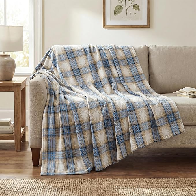 Horaldaily Blue Light Coffe Farmhouse Plaid Decorative Blanket Throw, Spring Summer Rustic Soft Lightweight Blanket for Couch Sofa Bed Lounging Decoration, Ideal Gifts for Kids Adults Self, 60x80