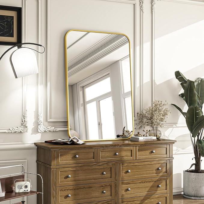 20x28 Inch Bathroom Mirror - Wall Mounted Vanity Mirror with Round Corner Aluminum Alloy Frame, Hanging Horizontally Vertically for Living Room, Bedroom, Hallway as Home Decor, Gold