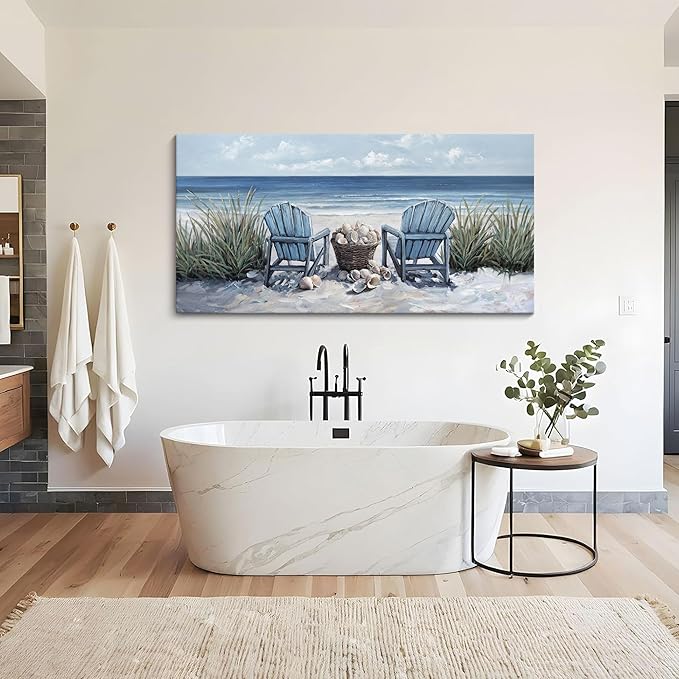 HGUAOA Coastal Wall Art - Large Landscape Wall Paintings for Living Room, Bedroom Pictures, Ocean Beach Artwork, Blue Wall Art, Above Bed Decor, Coastal Landscape Beach Pinting