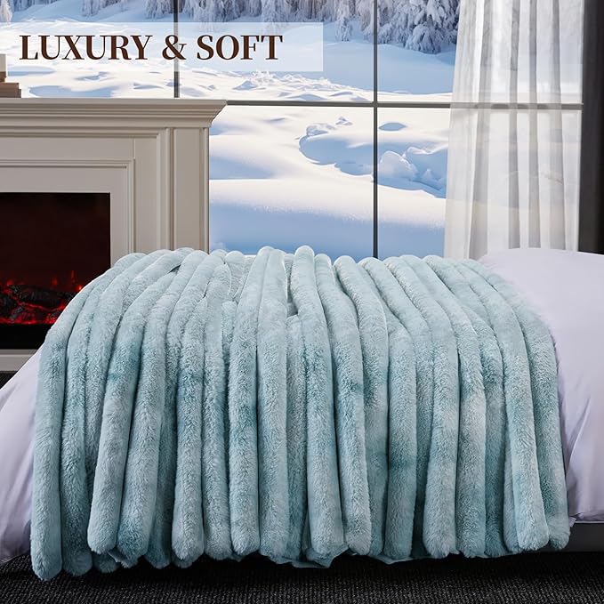 Fluffy Faux Fur Throw Blanket Queen Size, Thick 1000GSM Soft Cozy Throw Blankets for Bed, Plush Striped Warm Fuzzy Blanket for Couch LivingRoom Home Decor & Gifts(80"x 90", Tie-dye Blue)