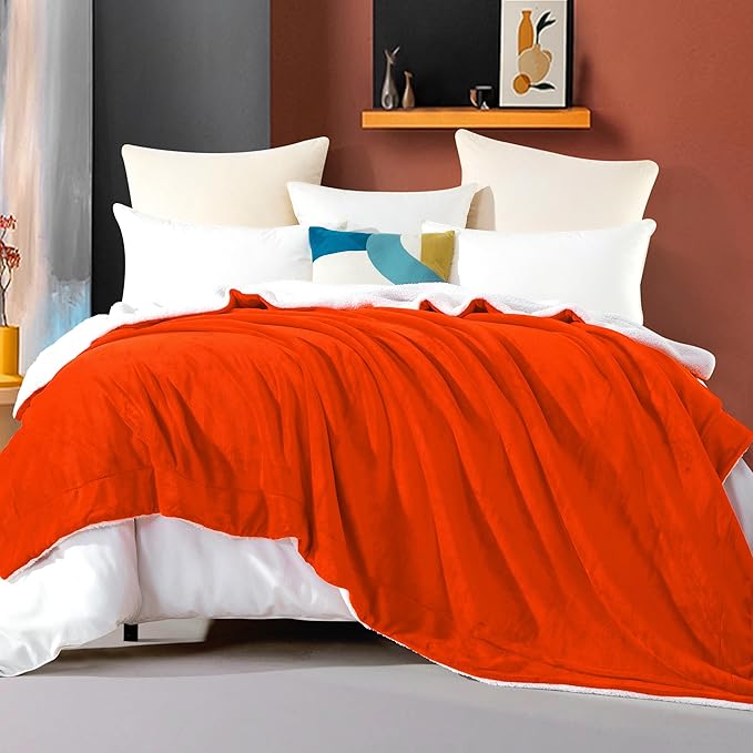 Elegant Comfort Ultra Soft Reversible Flannel Sherpa Blanket - Cozy Silky Fleece Throw for Couch, Bed - Plush Fuzzy Warm Winter Blanket for Gift, King, Orange