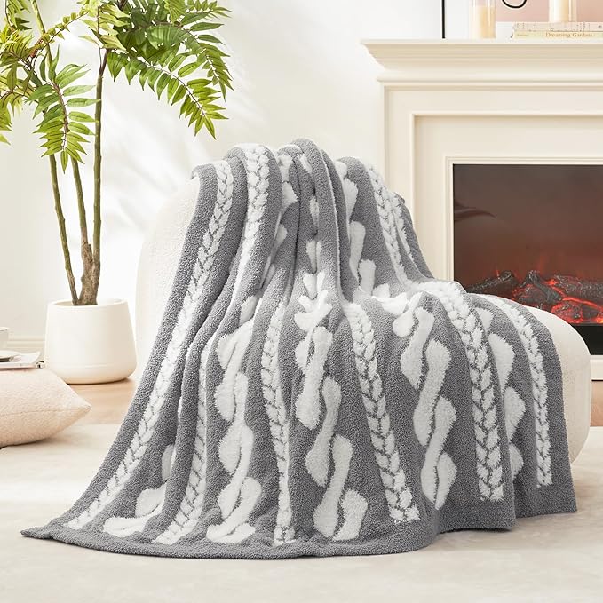 Amélie Home Cable Knit Throw Blanket for Couch, Super Soft Fuzzy Cozy Throw, Giftable Knitted Blanket for Women Men, Birthday, Sofa Bed Living Room Decor, 50" x 60", Cable Grey & White