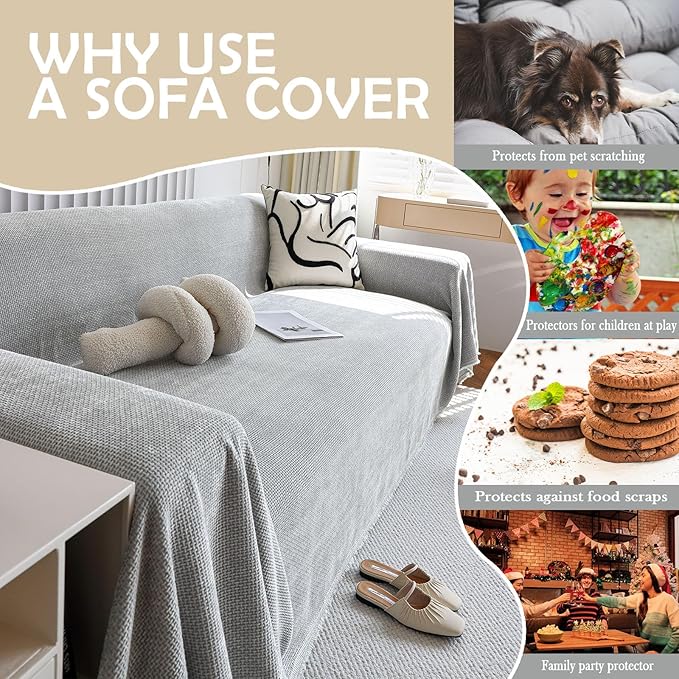 HANDONTIME Grey Modern Sofa Covers Corduroy Jacquard Couch Cover Blanket Gray Couch Cover for Kids Living Room Chenille Couch Covers for Sectional Sofa L Shape Soft Couch Covers for Sofa, 71" X134"