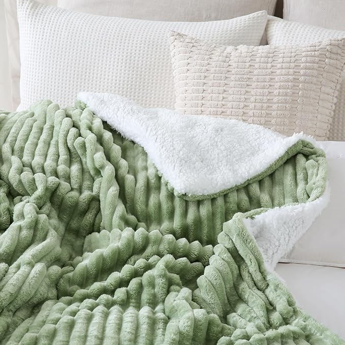 Sage Green Sherpa Fleece Throw Blanket 60”×80” for Couch Sofa Bed,Super Soft Cozy Plush Double Side Thick Flannel Blanket with Striped Design Lightweight for Adults,Woman,Girls
