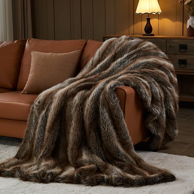 NEWCOSPLAY Faux Fur Twin Blanket Luxury Fluffy Thick Warm Blanket for Couch Sofa Bed 1000GSM (Stripe Dark Brown Thick, Twin(60"x80"))